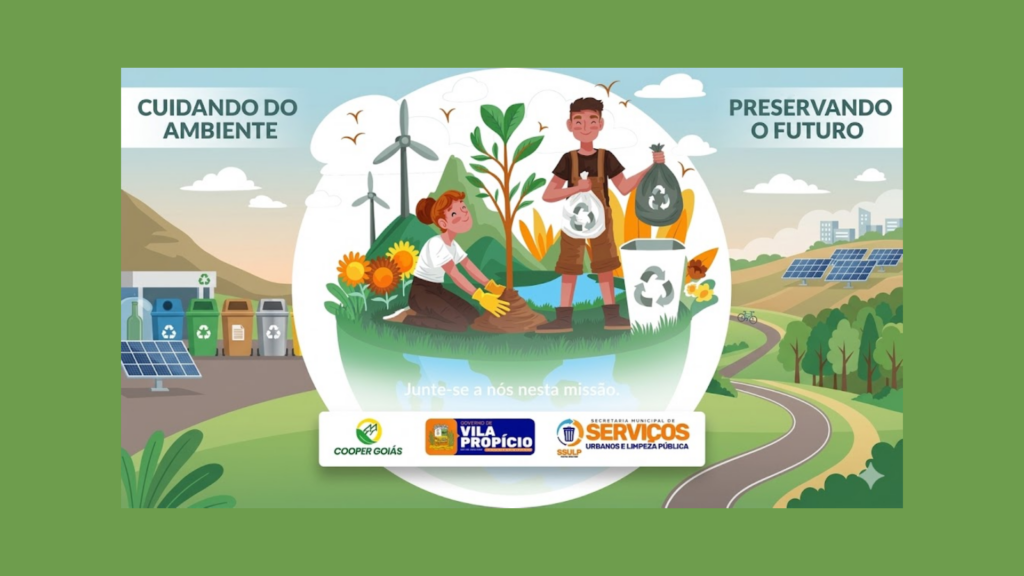 Ilustração digital sobre sustentabilidade com fundo de paisagem verde. No centro, dentro de um círculo que simula o planeta Terra, uma mulher ajoelhada planta uma muda de árvore e um homem coloca um saco de lixo reciclável em uma lixeira branca com o símbolo da reciclagem. O cenário ao fundo inclui aerogeradores, painéis solares, lixeiras de coleta seletiva coloridas, uma estrada sinuosa e uma cidade distante. No topo, os textos "CUIDANDO DO AMBIENTE" e "PRESERVANDO O FUTURO". Na base, a frase "Junte-se a nós nesta missão" logo acima de uma barra branca com os logotipos da Cooper Goiás, Governo de Vila Propício e Secretaria Municipal de Serviços Urbanos e Limpeza Pública.