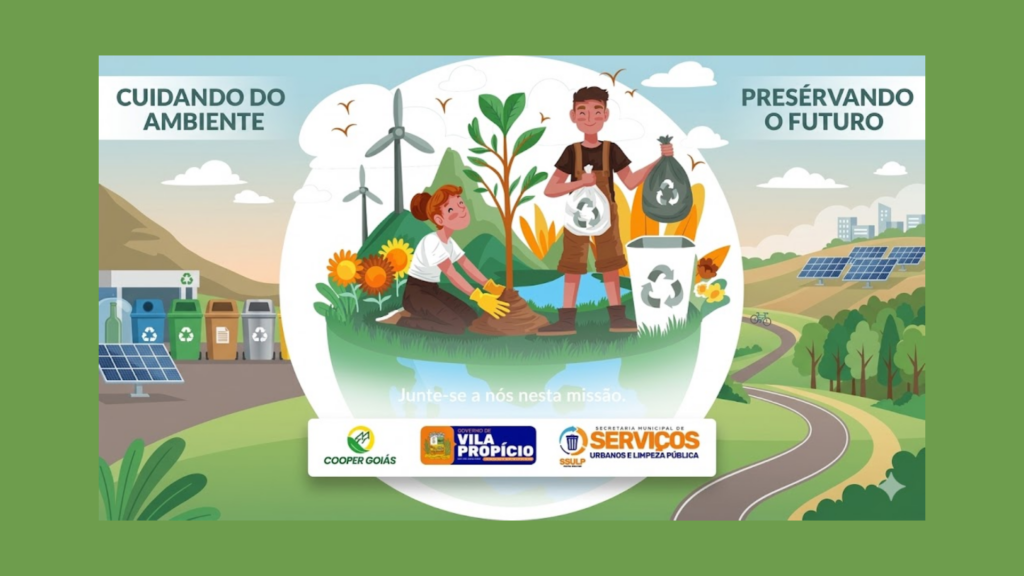 Ilustração digital sobre sustentabilidade com fundo de paisagem verde. No centro, dentro de um círculo que simula o planeta Terra, uma mulher ajoelhada planta uma muda de árvore e um homem coloca um saco de lixo reciclável em uma lixeira branca com o símbolo da reciclagem. O cenário ao fundo inclui aerogeradores, painéis solares, lixeiras de coleta seletiva coloridas, uma estrada sinuosa e uma cidade distante. No topo, os textos "CUIDANDO DO AMBIENTE" e "PRESERVANDO O FUTURO". Na base, a frase "Junte-se a nós nesta missão" logo acima de uma barra branca com os logotipos da Cooper Goiás, Governo de Vila Propício e Secretaria Municipal de Serviços Urbanos e Limpeza Pública.